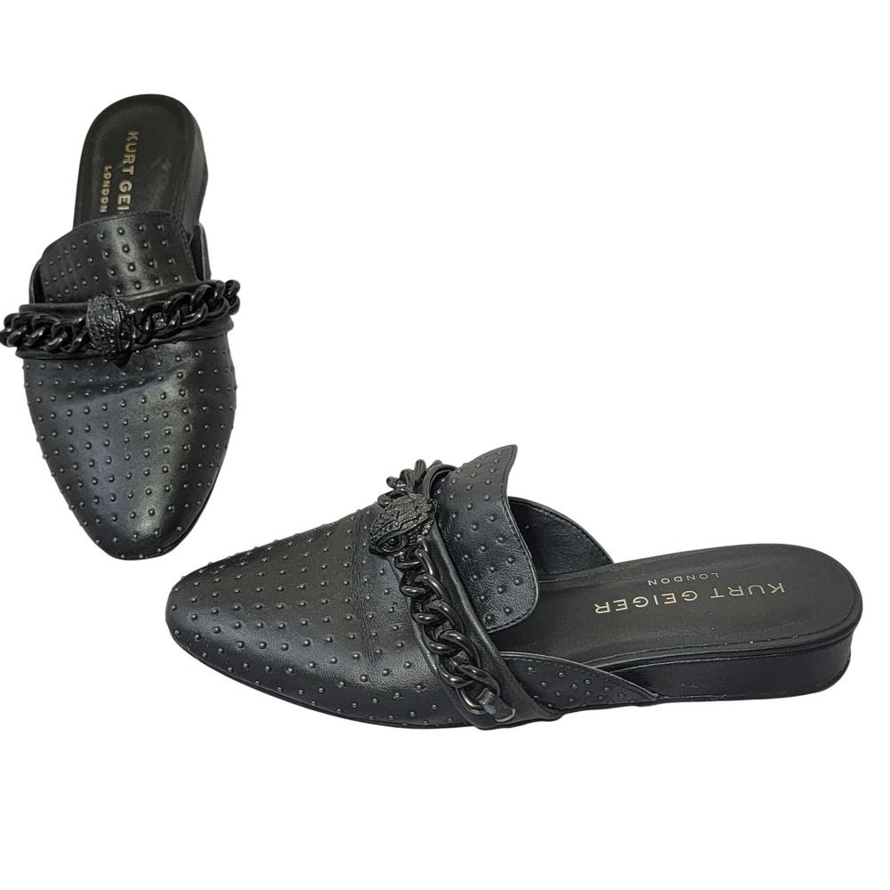 Kurt Geiger London Chelsea Mule Black Leather Flats‎ Studded Eagle Head 36.5 6.5
